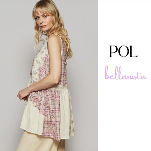 T467 POL Lavender Cream Floral Plaid Long Tunic Top - Picture 4 of 5